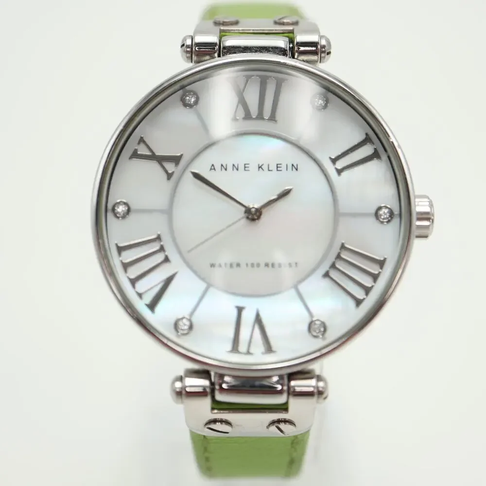 Anne Klein Silver Tone 34mm Round MOP Dial Watch Green Leather with New Battery
